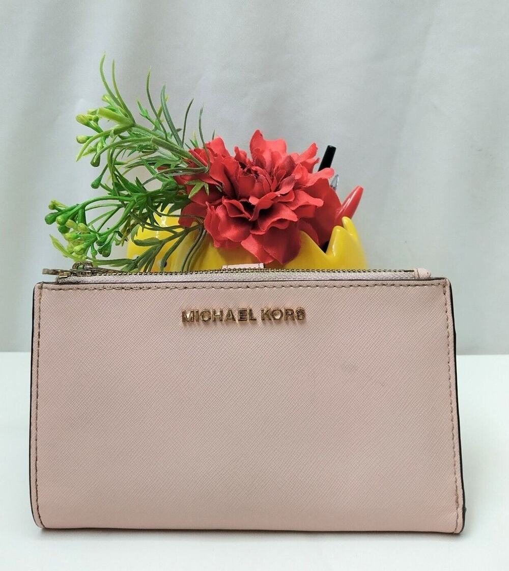 Michael Kors Pink Crossgrain Leather Credit Card Zippers Bifold Wallet